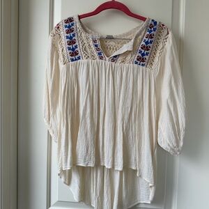 Forever 21 Cream Blouse with Blue and Red Embroidery